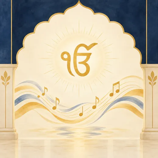 Painted devotional illustration representing Gurbani hymn recitation