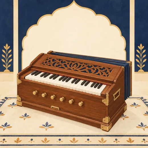 Painted illustration of a traditional wooden Harmonium