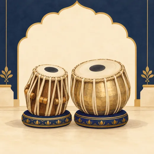 Painted illustration of a traditional pair of Tabla drums
