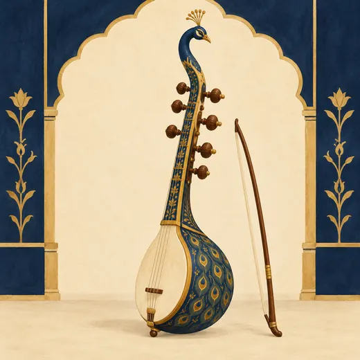 Painted illustration of a peacock-shaped Taus, a traditional Tanti Saaj