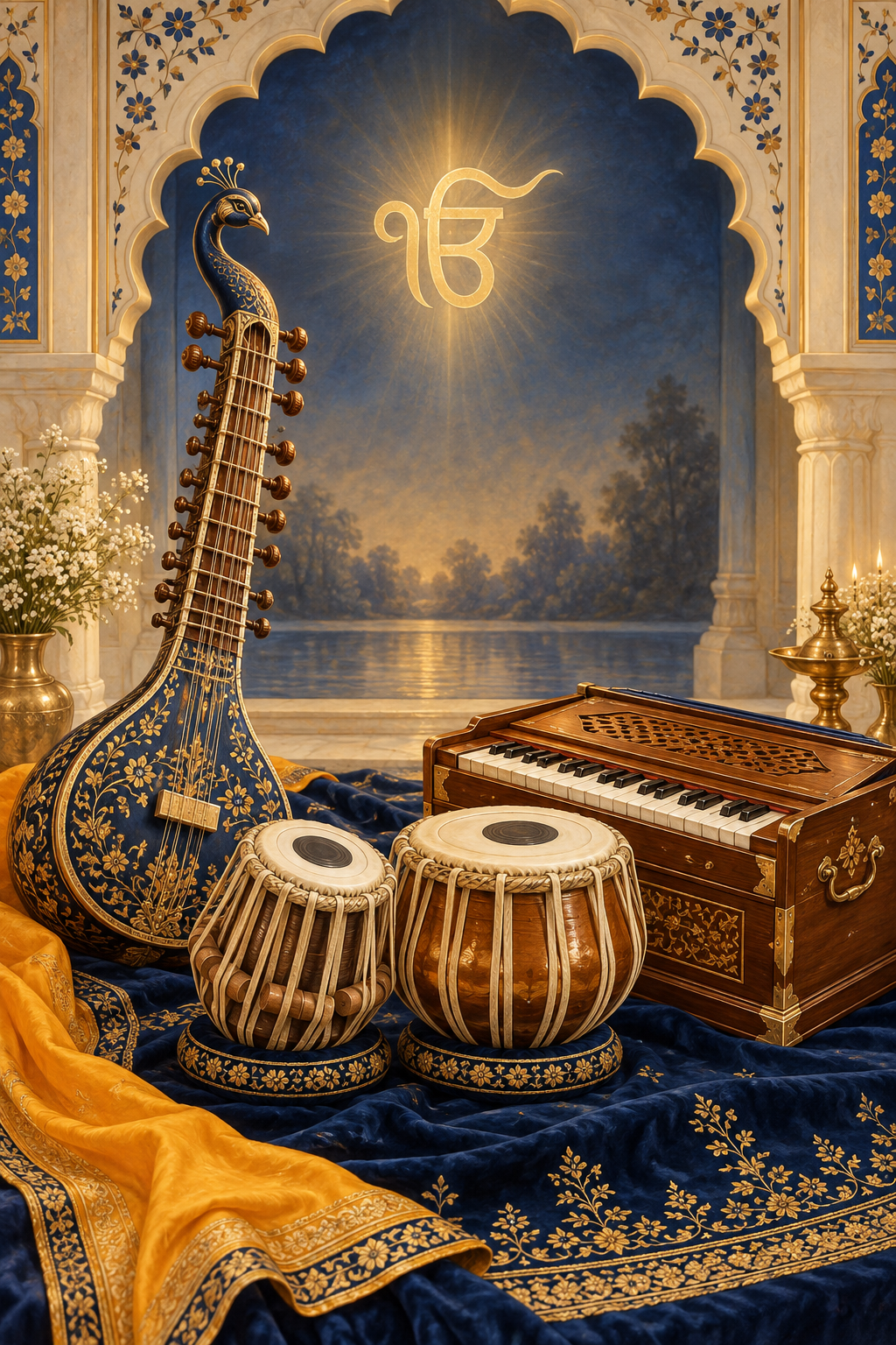 Traditional devotional painting of a Taus, Tabla and Harmonium arranged beneath a Sikh architectural arch