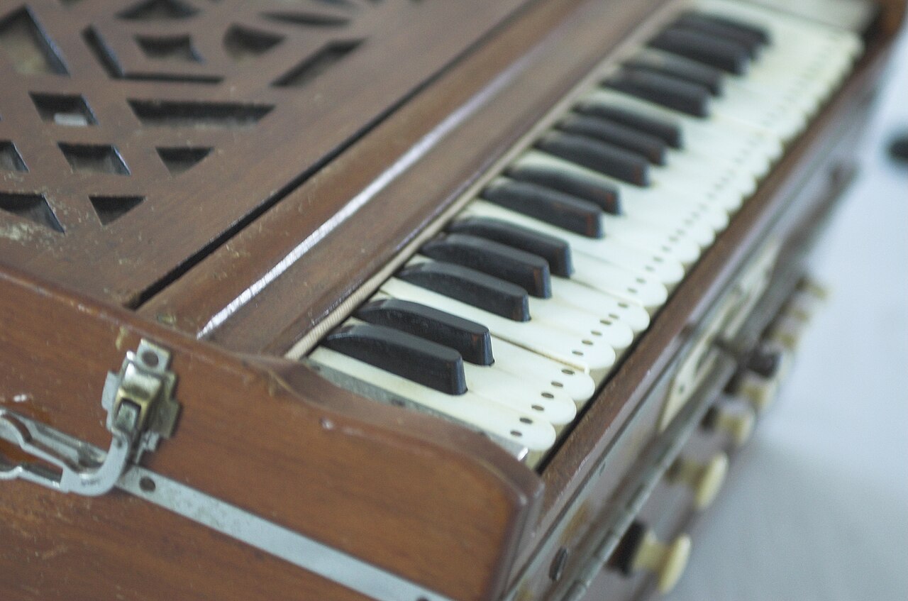 Detailed close view of a wooden Harmonium