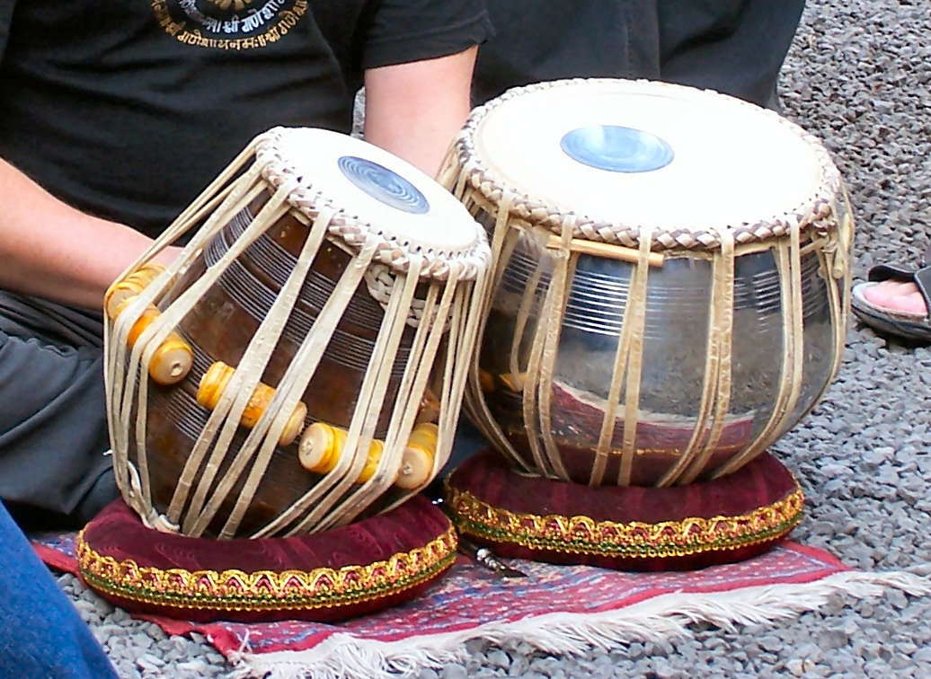 Detailed view of a traditional pair of Tabla drums